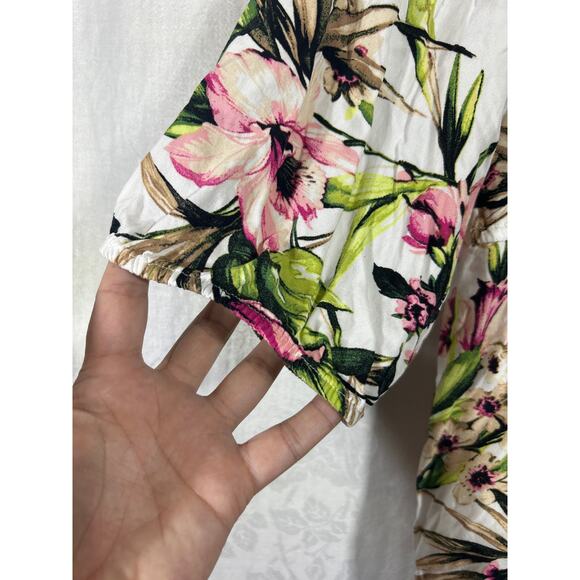 Lane Bryant Top 22 24 Pink Green Floral Peplum Balloon Sleeve Flowy Babydoll - Picture 2 of 10